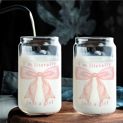 Coquette Pink Bow Girly Aesthetic Glass Cup with Lids and Straws 14oz, I'm Literally Just a Girl Glass Iced Coffee Tumbler Drinking Jars with Cleaning Brush, Girly Gifts for Women - color: Pink Bow4