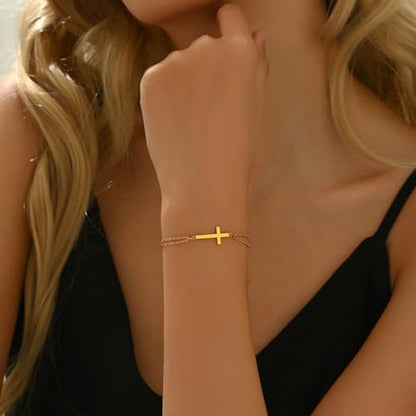 18K Gold Plated Pearl Beaded Cross Bracelets for Women Adjustable - color: Double O Cross-Gold