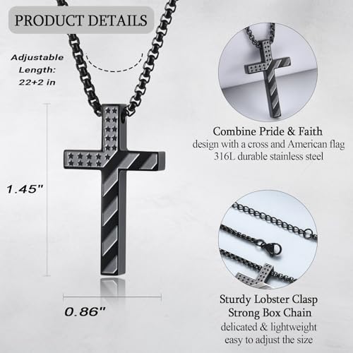 EPIRORA Cross Necklace for Men Boys, First Communion Baptism Confirmation Easter Gifts for Teens Boys, 316L Stainless Steel Chain Cross American Flag Religious Christian Jewelry Gifts, 22+2 Inches - style: Confirmation