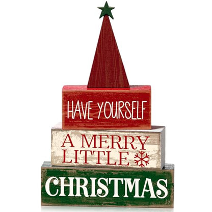Moucuny 4 Pcs Christmas Table Decor, Wooden Red Merry Christmas Tree Signs - style: Christmas Tree