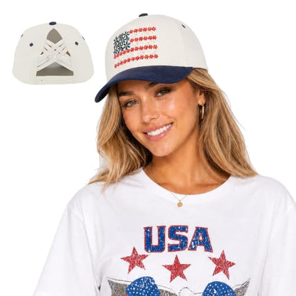 C.C Women's Criss-Cross Ponytail Trucker Hat - Snapback, One Size - color: Floral Flag-navy