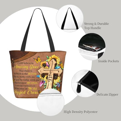 Bible Tote Bags for Women Christian Tote Bag Church Shoulder Bag Inspirational Bags With Zipper Christian Gift - color: I Still Believe in Amazing Grace