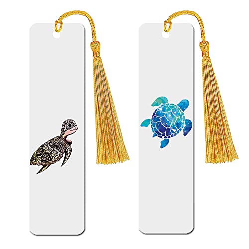 WIRESTER Set of 2 Metal Bookmarks with Light Gold Tassel for Students, Reader, Teachers, Book Lovers - Cute Turtle On Ocean, Blue Sea Turtle - color: Cute Turtle on Ocean, Blue Sea Turtle