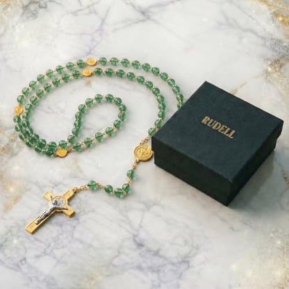 RUDELL Rosary Beads Catholic for Women - Rosary Necklace for Women with Pearl Beads - Medal Cross Saint Benedict Rosary for Men - Prayer Rosarios Catolicos Jewelry Gift - color: Green
