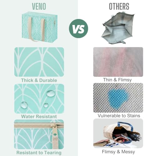 VENO 2 Pack Utility Tote Reusable Grocery Bags with Zipper & Hard Bottom - color: Evergreen, size: 2 Pack