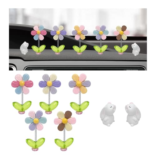 7 PCS Cute Car Rearview Mirror Accessories, Funny Bunny Auto Dashboard Ornament Interior Decor, Charming Spring Daisy Figurine Rear View Mirror Decoration for Men Women (Bunny) - color: Bunny