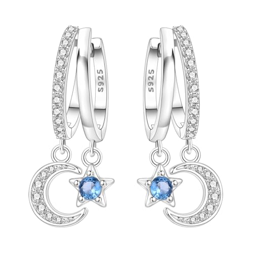 925 Sterling Silver Hoop Earrings Drop Dangle Earrings for Women Hypoallergenic Earring Trendy Huggie Earring Cute Graduation Birthday Gifts Jewelry for Women - color: Double-Circle Star and Moon earrings