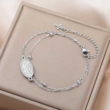 VASSAGO Virgin Mary Bracelet for Women Men Double-Sided Virgen de Guadalupe Rosary Bracelet Medal Handmade Braided Rope Catholic Christian Religious Jewelry Gift - color: Silver 11