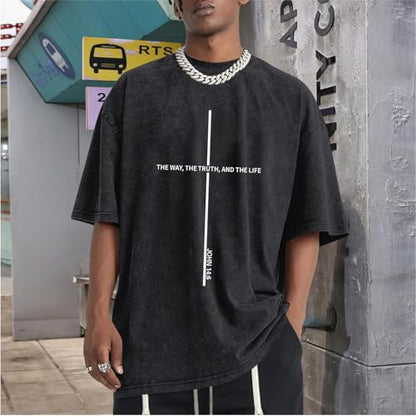 Christian Shirts for Men The Way The Truth The Life Shirt Jesus God Cross Bible Verse Oversized Washed Graphic Tees - color: Black, size: 3X-Large