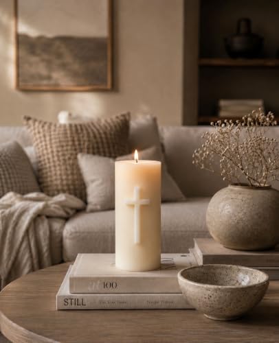 Large Cross Pillar Candle 9x4 Inch | Handmade Beeswax & Soy Wax Candle | Unscented Christian Prayer Candle | Religious Home Decor | Church, Altar & Memorial Candle | 90 Hour Burn Time