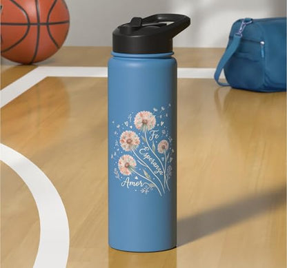 Fe Esperanza Amor Floral Christian Spanish Faith Cristianos Stainless Steel Insulated Water Bottle - color: Light Blue