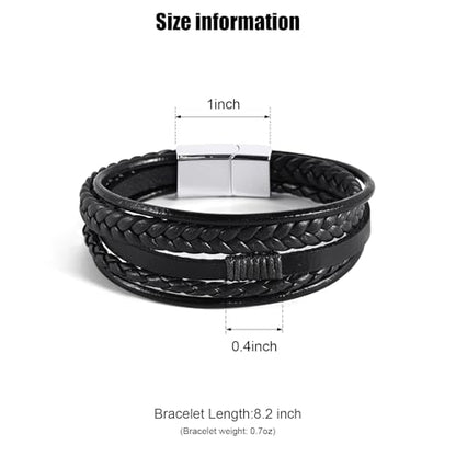 Leather Bracelet for Men Braided Stainless Steel Mens Bracelets - color: Black-SilverBuckle