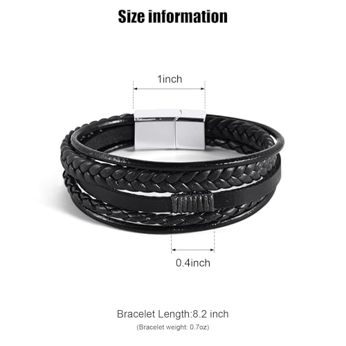 Leather Bracelet for Men Braided Stainless Steel Mens Bracelets - color: Black-SilverBuckle
