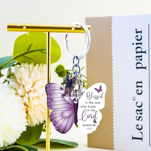 Butterfly Christian Keychain Women Cross Bible Verse Keychain Butterfly Purse Charm Inspirational Religious Gifts - color: Purple