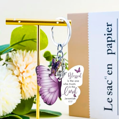 Butterfly Christian Keychain Women Cross Bible Verse Keychain Butterfly Purse Charm Inspirational Religious Gifts - color: Purple