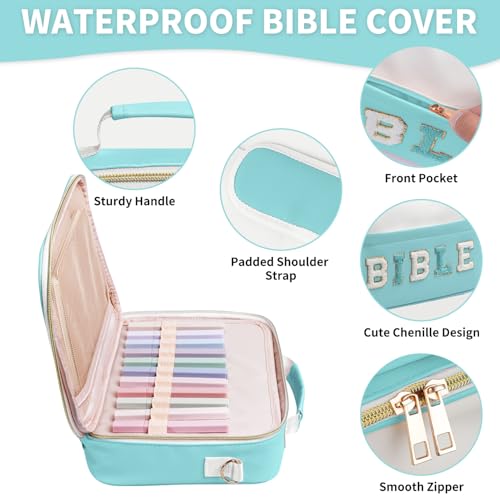 KOPKOFT Bible Cover Case for Women, Large Chenille Letter Leather Bible Case with Bible Study Accessories, Bible Study Supplies Bible Journaling Kit, Christmas Christian Gift for Women Girls - color: Light Blue