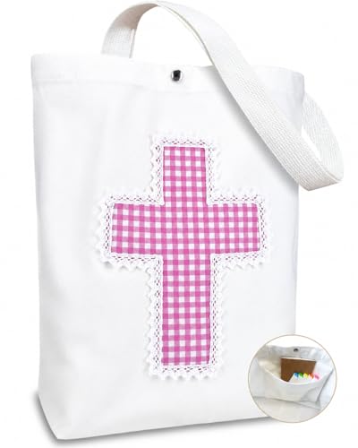 Christian Tote Bag Gift for Women, Canvas Bible Bag Handmade Floral Cross - color: White-pink Gingham