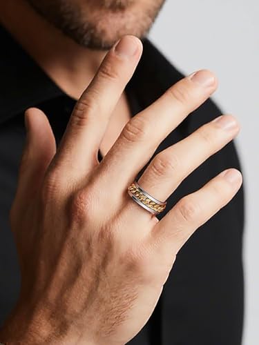 U7 Stainless Steel Mens Rings,7mm Gold/Black/Silver Chain Rings Fidget Spinner Ring Anxiety Ring for Men Women,Size 6-14 - color: Inlaid Link Ring-Gold