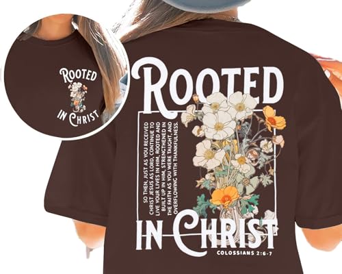 Rooted in Christ Shirt Christian Shirts for Women Jesus Oversized Tshirt - color: Brown, size: Small