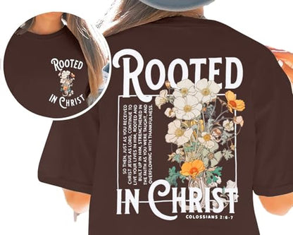 Rooted in Christ Shirt Christian Shirts for Women Jesus Oversized Tshirt - color: Brown, size: Small