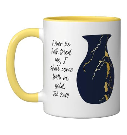 Bible Verse Jesus Christ Kintsugi Vase Gold Job Christian Ceramic Mug, Yellow/White, 11oz - color: Yellow/White, size: 11 Ounces
