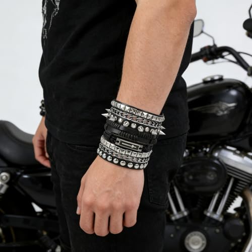4 Pcs Leather Cuff Bracelets for Men with Spiked Cross Studded Stars Charms - color: Black-Cross