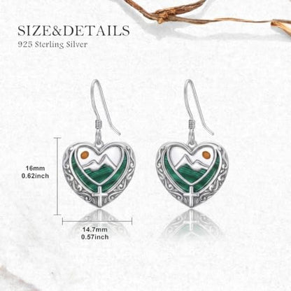 AOBOCO 925 Silver Mustard Seed Cross Heart Dangle Drop Earrings Women - color: Silver-Malachite