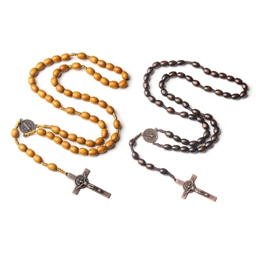 Roe Dolph Wooden Rosary Necklace for Women Catholic Rosary Beads with Cross Pendant Prayer Jewelry Religious Gifts for Travel and Daily Faith - color: D1-2PCS