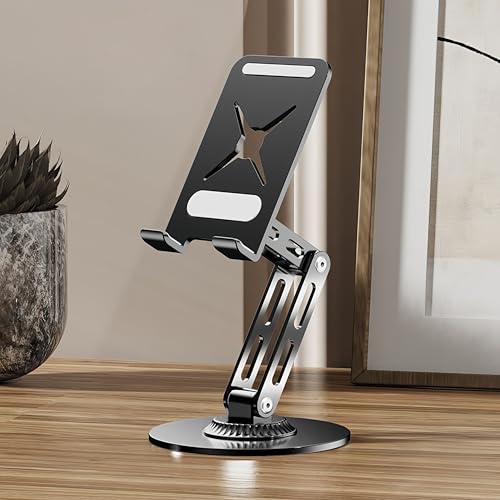 All-Metal Cell Phone Stand 360° Rotatable & Height Adjustable - 25KG Super Load-Bearing, Foldable Desk Stand for Phone, Compatible with iPhone 17/16/15/14 (Black) - color: A-Tri-Fold - Black