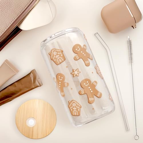 SANDJEST Gingerbread Christmas 16oz Can Glass Tumbler with Bamboo Lid & Straw - Iced Coffee Cup for Women Girls, Aesthetic Cups Gifts for Xmas - color: Christmas 2