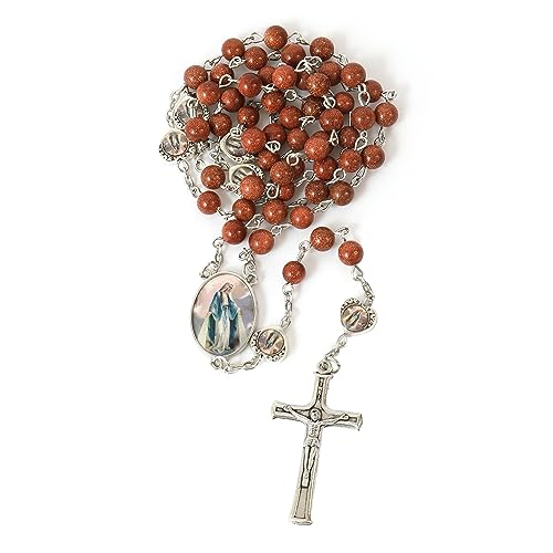Nazareth Store Natural Stone Beads with Miraculous Epoxy Heart Metal Beads Rosary Necklace Gemstone Christian Gifts - color: Sandstones