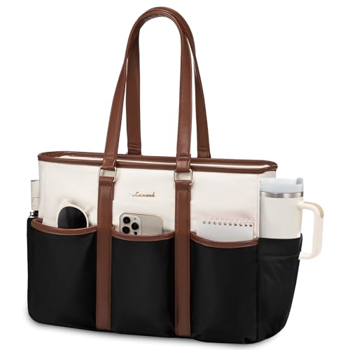 LOVEVOOK Work Tote Bag for Women, 17 lnch Laptop Bag for Women, Nurse Teacher Tote Bag, Utility Professional Computer Bag For Work/Travel/College/Daily, Large Purse Handbag With Multi Pockets - color: Black-beige-brown, size: 17.3 Inch