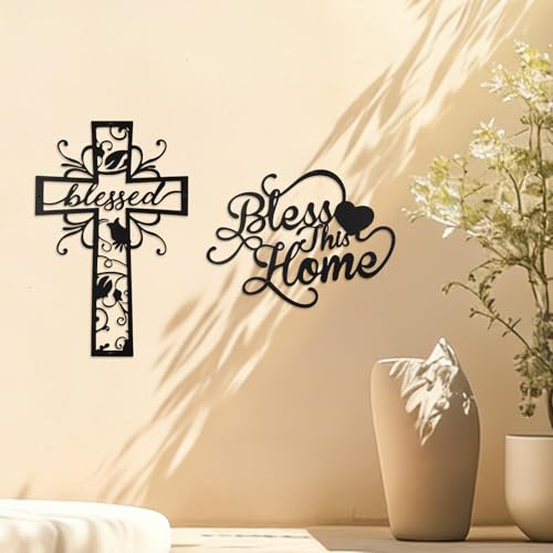 WANDIC 2Pcs Metal Cross Decor, 40 * 25cm Rustic Farmhouse Decor Prayer Text Hanging Wall Sculpture for Living Room Church Office Use Christian Gift