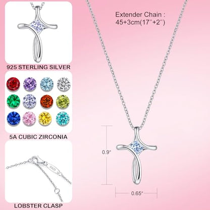 Cross Necklace for Women 925 Sterling Silver Birthstone Necklace for Women - color: 03-March-Aquamarine
