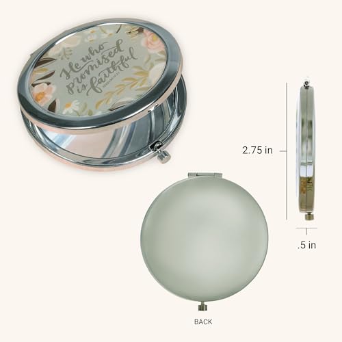 Christian Art Gifts Women's Double-Sided Inspirational Metal Compact Makeup Mirror: He Who Promised is Faithful Encouraging Scripture, Pocket Travel, 1x/2x Magnification, Sage Green Multicolor Floral - color: He Who Promised/Sage Green Floral