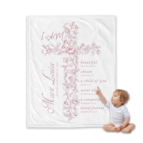 Personalized Baptism Blanket for Girl, Custom Pink Cross Baby Blanket, Christian Christening Gift, Catholic Scripture Throw Blankets, Floral Baptized in Christ Blankets, Goddaughter Keepsake - color: #Ver5