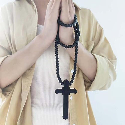 Wooden Cross Necklace For Men Beads Rosary Long Large Natural Wood Jesus Crucifix Cross Pendant Necklace 36inch Chain Religious Christian Prayer Faith Baptism Easter Handmade Jewelry - color: Black