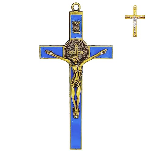 Jesus Crucifix Cross Metal Wall Decor,Saint Benedict Pendant Christian - color: Blue