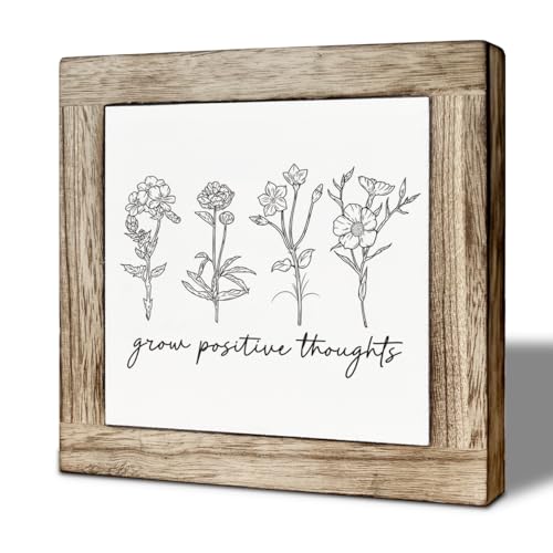 Inspirational Wooden Desk Decor Wooden Box Sign, Grow Positive Thoughts, Motivational Farmhouse Tabletop Sign, Floral Pattern Desk Decor for Living Room Bedroom 5.9x5.9 Inches - color: color16