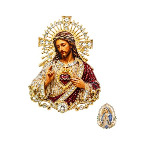 Sacred Heart of Jesus Brooch Pin, Virgin Mary Pin Catholic Sacred Heart Home Altar Church Baptism Religious Inspirational Jewelry Gift - color: Gold Red God