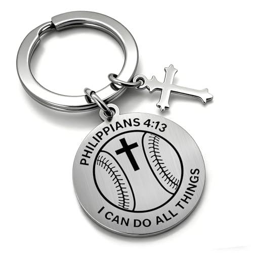 OFlyDesigns Christian Football Sports Keychain, Philippians 4:13 Engraved Inspirational Gift for Men Women Teens - style: Baseball