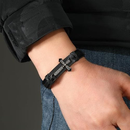 Religious Cross Leather Bracelet Adjustable Bangle Braided Jewelry for Men Cross Alloy Bracelet - color: Black