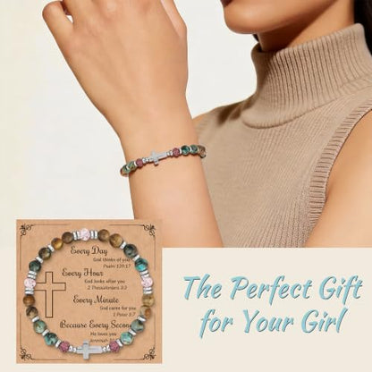 Natural Stone Stretch Bracelet for Women - Holy Water Elastic Cross Bracelet | Christmas Christian Baptism Gift, Meaningful Gifts, Unique Gift for Friends Mom Daughter Sister - style: cross-Every Day-new