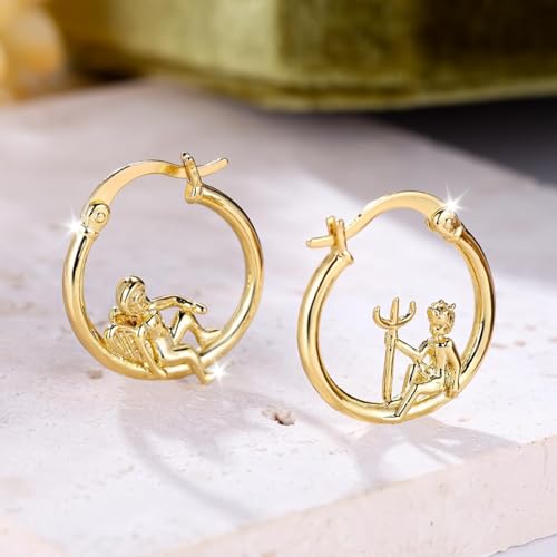 Angel Devil Mismatched Hoop Earrings for Women - 14K Gold Plated Cherub Hoop Earrings, Hypoallergenic 925 Sterling Silver Posts Cute Edgy Jewelry Gifts
