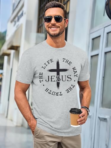 Christian Jesus Faith Shirts Men: The Way The Truth Life Cross Graphic Tee - color: Light Gray, size: Medium