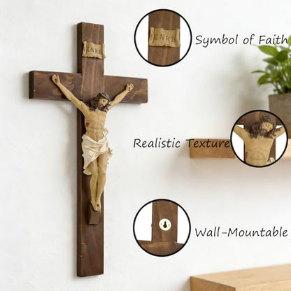 Large Wall Crucifix With Jesus, 19 Inch Resin Wooden Cross Religious Decor - size: 19.1"L x 10"W