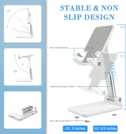 Cell Phone Folding Stand for Desk, Foldable Cell Phone Holder Mobile Stand Phone Dock, Multi-Angle Universal Adjustable Tablet Holder Compatible with Most Cellphone and Tablet(White) - color: White
