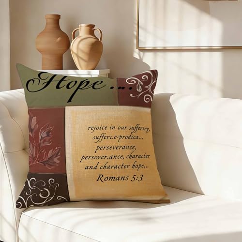 Faith Scripture Throw Pillow Cover,Hope Romans 5:3 Verse Decorative Pillow Case,Rustic Fall Leaf Cotton Linen Cushion Case for Home Decor 18 * 18 Inch - color: Settype13