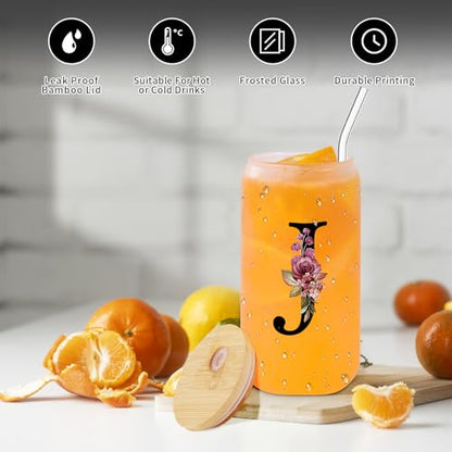 Monogrammed Glass Drinking Cup With Lid Straw Women Her Sister Mom Girlfriend Aunt Best Friend Friendship Grandma Bestie Wife Daughter Law Lady Happy Birthday Cool Funny Meaningful Unique Gifts Cute,J - style: Letter J
