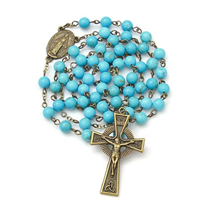 KOMI Rosary Beads Catholic for Women Gemstone Rosary Beads Necklace with Crucifix Cross Crystal Pearl Rosary Rosarios Catolicos Catholic Gifts - style: 6mm Turquoise